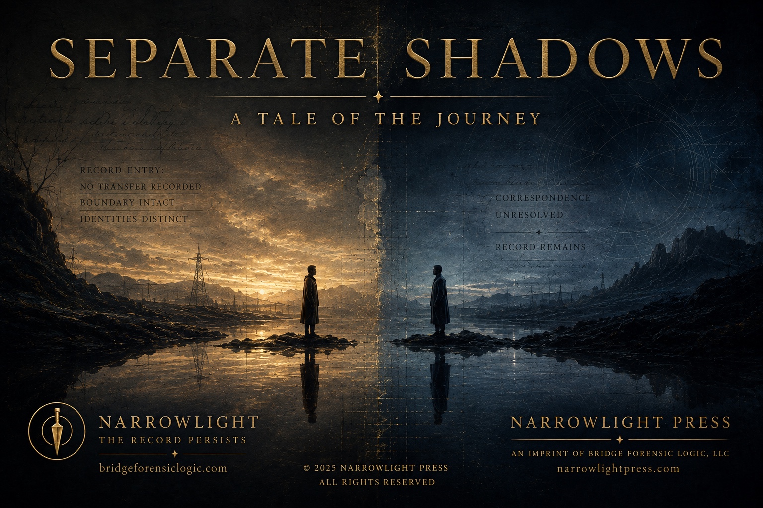 Separate Shadows — cover artwork showing two figures across a divided landscape at golden sunset and blue night